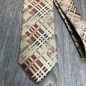 Stacy Adam's Paisley Geometric Plaid Brown‎ Beige Patterned Microfiber Tie 0351